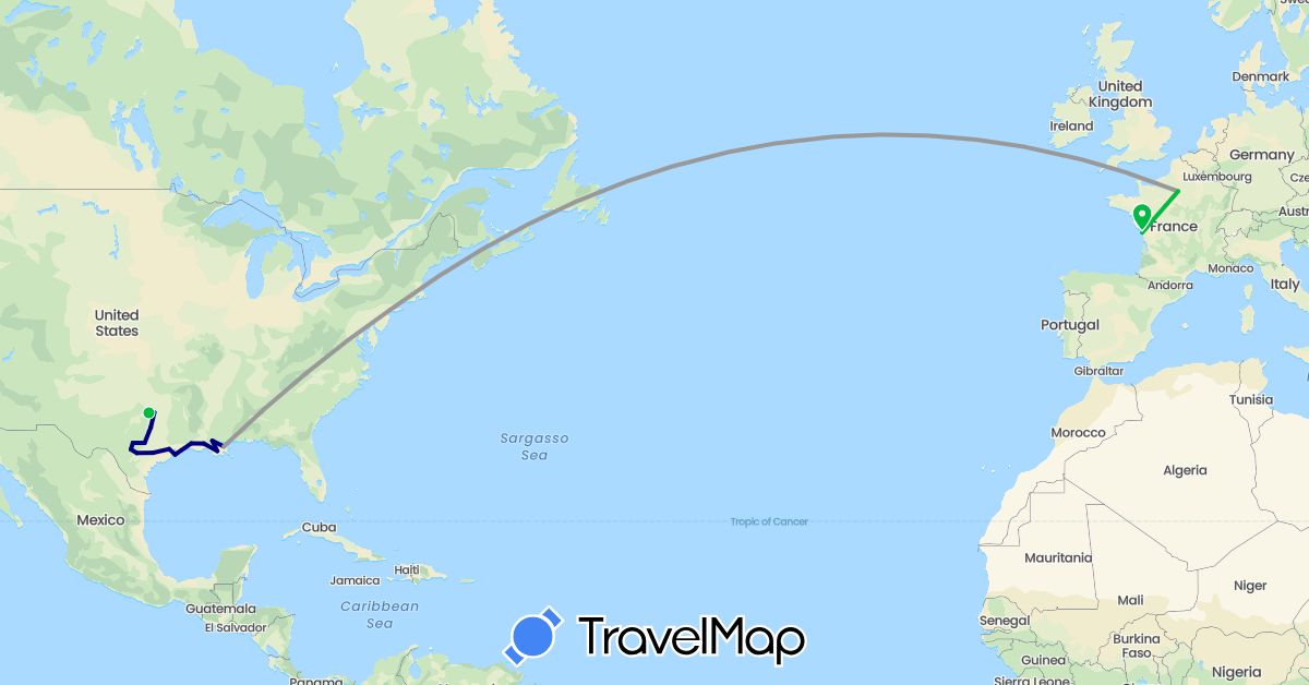 TravelMap itinerary: driving, bus, plane in France, United States (Europe, North America)